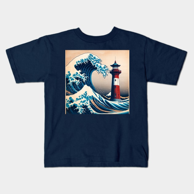 Kanagawa Lighthouse Wave - Lighthouse Japanese Kids T-Shirt by Edd Paint Something